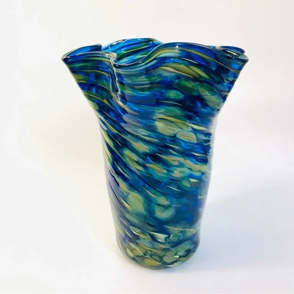 Arribas Brothers Walt Disney World Blown Glass Ruffled Vase 9” Blue Yellow Swirl - Picture 4 of 15